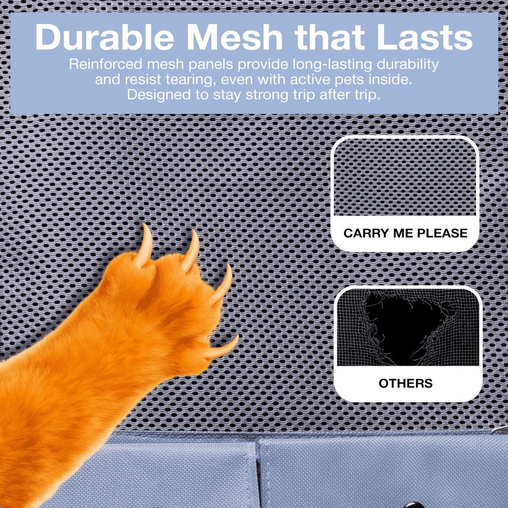 Carry Me Please blue cat carrier backpack internal safety leash close-up for security.