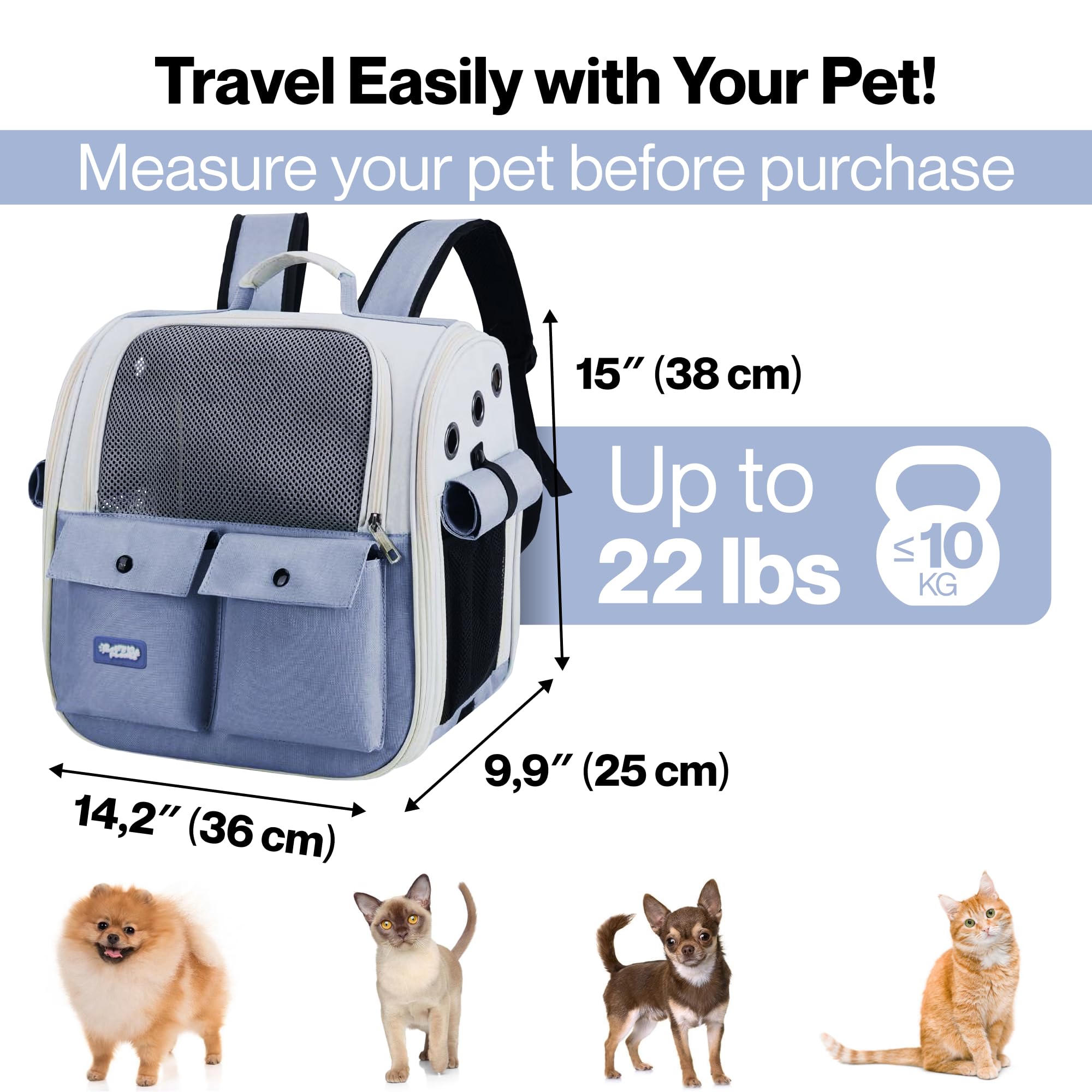 Carry Me Please blue cat carrier backpack side view showing ergonomic travel design.