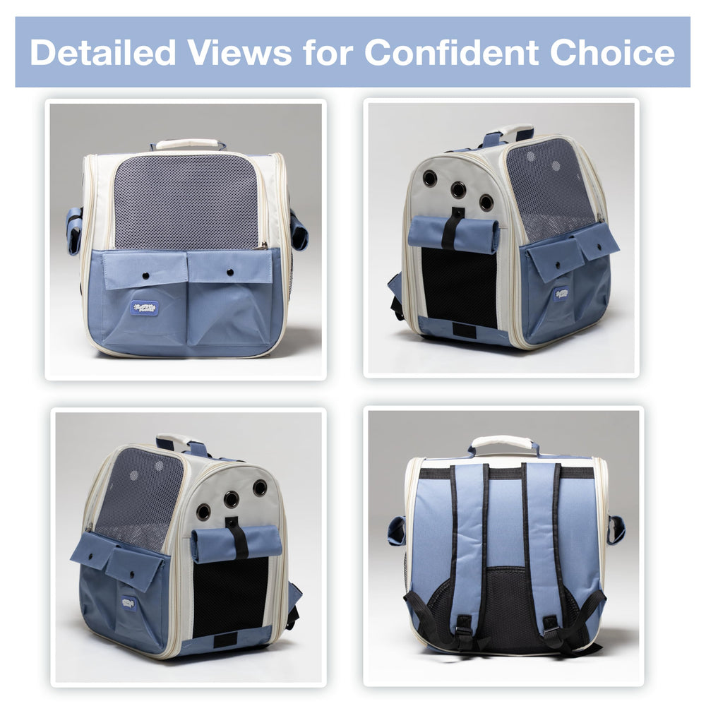 Carry Me Please blue cat carrier backpack adjustable straps with chest support.