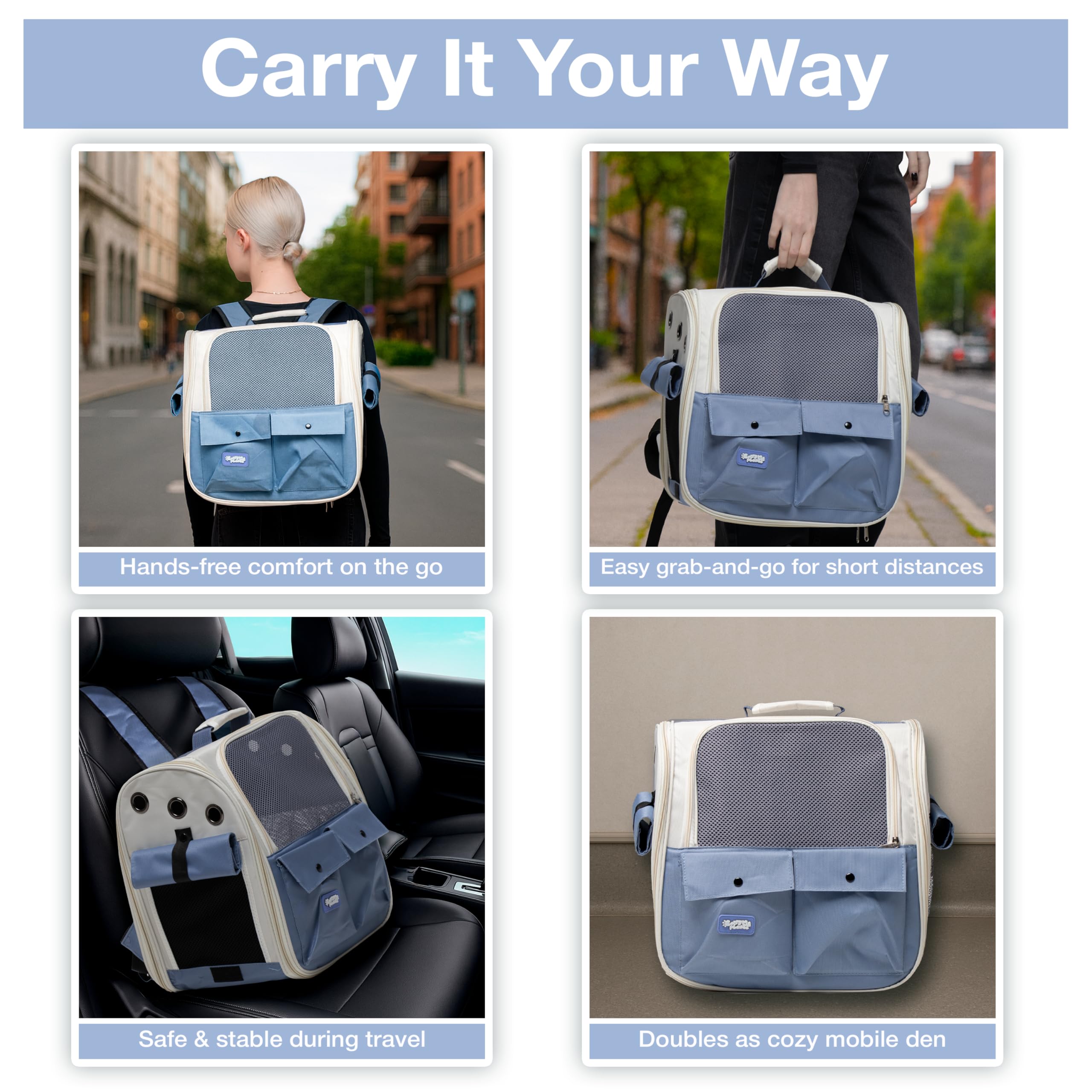 Carry Me Please blue cat carrier backpack water bottle pocket in-use for hydration.