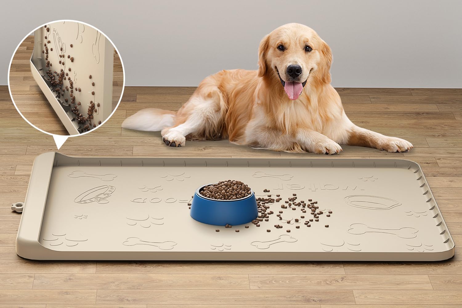 Carry360 dog food mat in sand color with non-slip surface to keep spills contained.