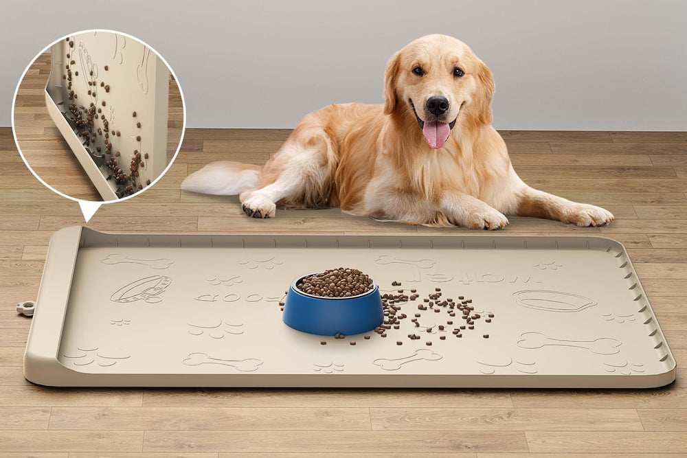 Carry360 dog food mat in sand color with non-slip surface to keep spills contained.