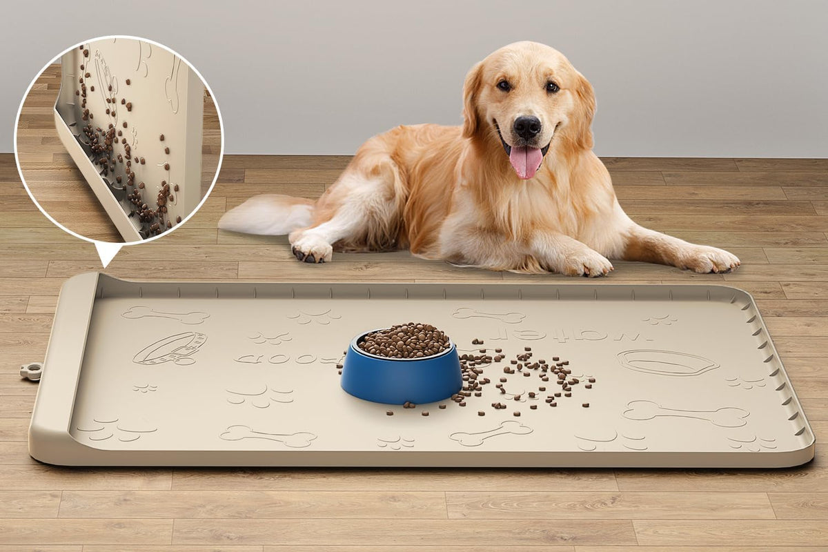 Carry360 dog food mat in sand color with non-slip surface to keep spills contained.