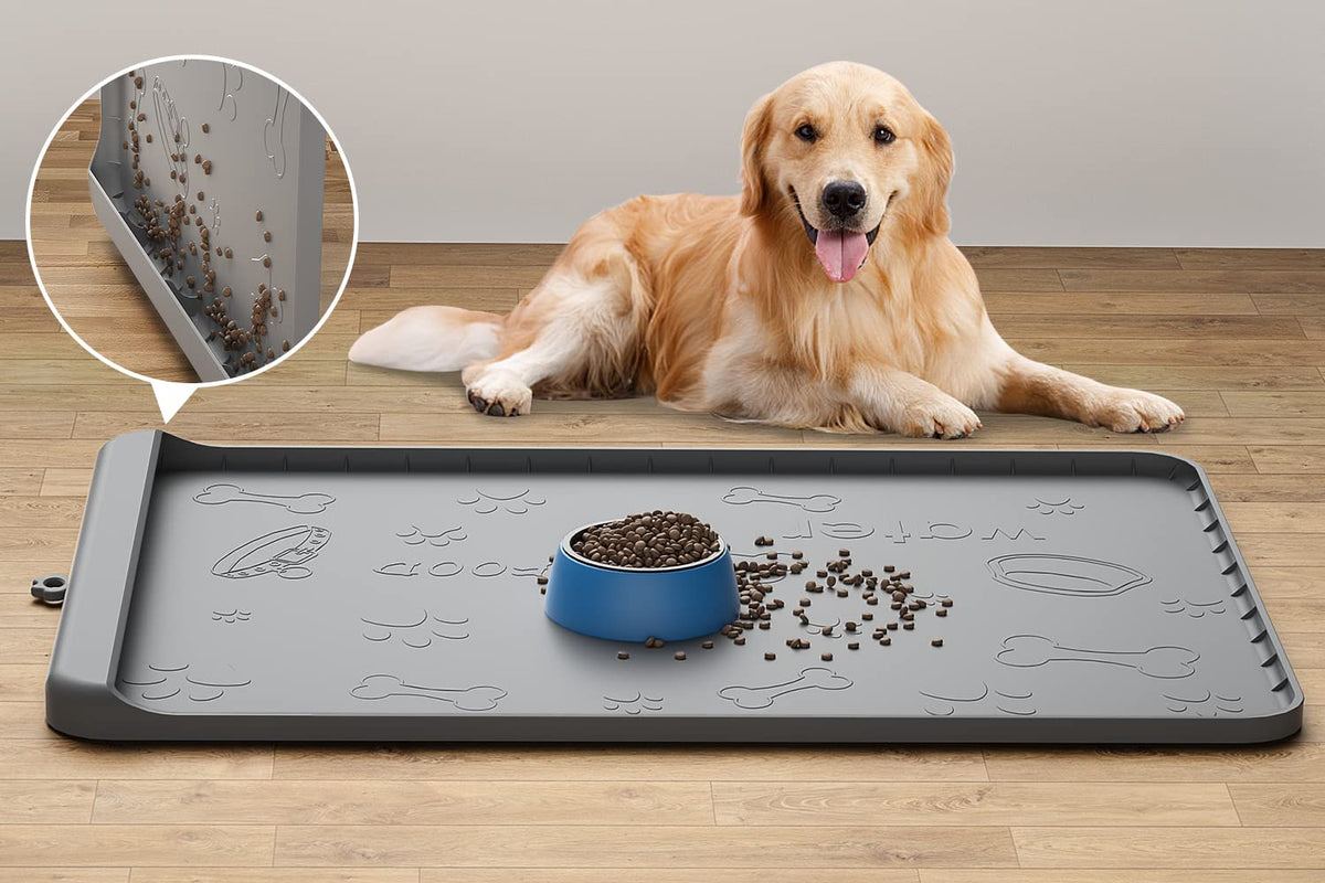 Carry360 dog food mat 36x24 flat gray provides a spacious feeding area and easy cleanup.