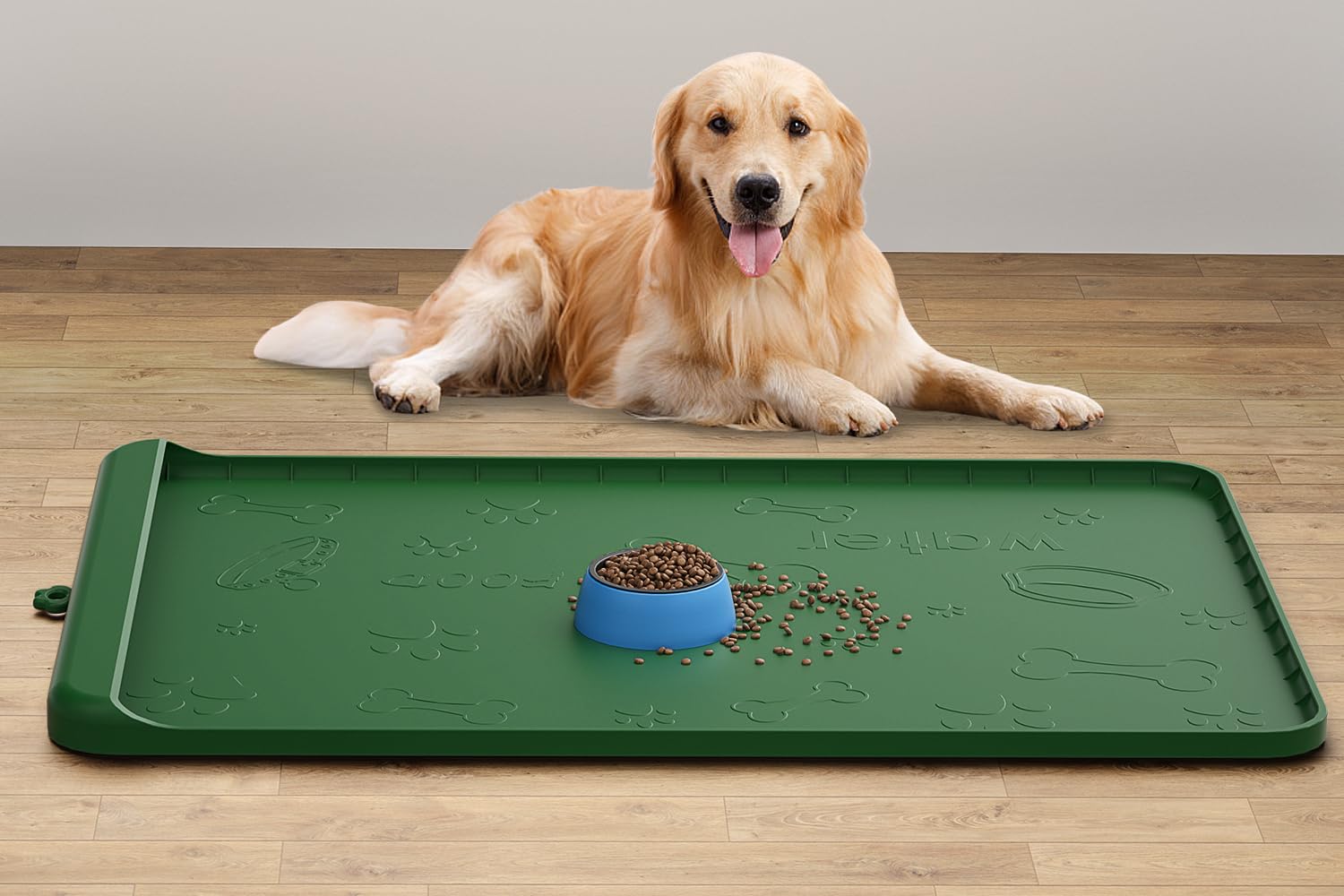 Carry360 dog food mat 36x24 green keeps bowls steady and floors clean.