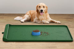 Carry360 dog food mat 36x24 green keeps bowls steady and floors clean.