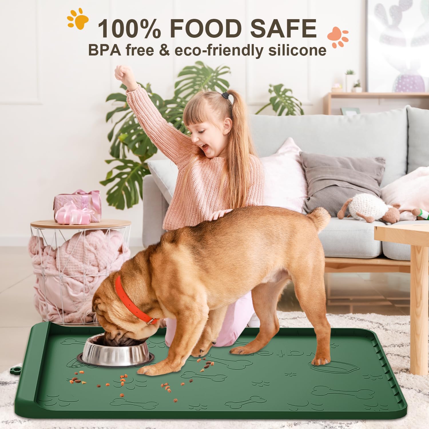 Carry360 dog mat keeps floors tidy during feeding and water use.