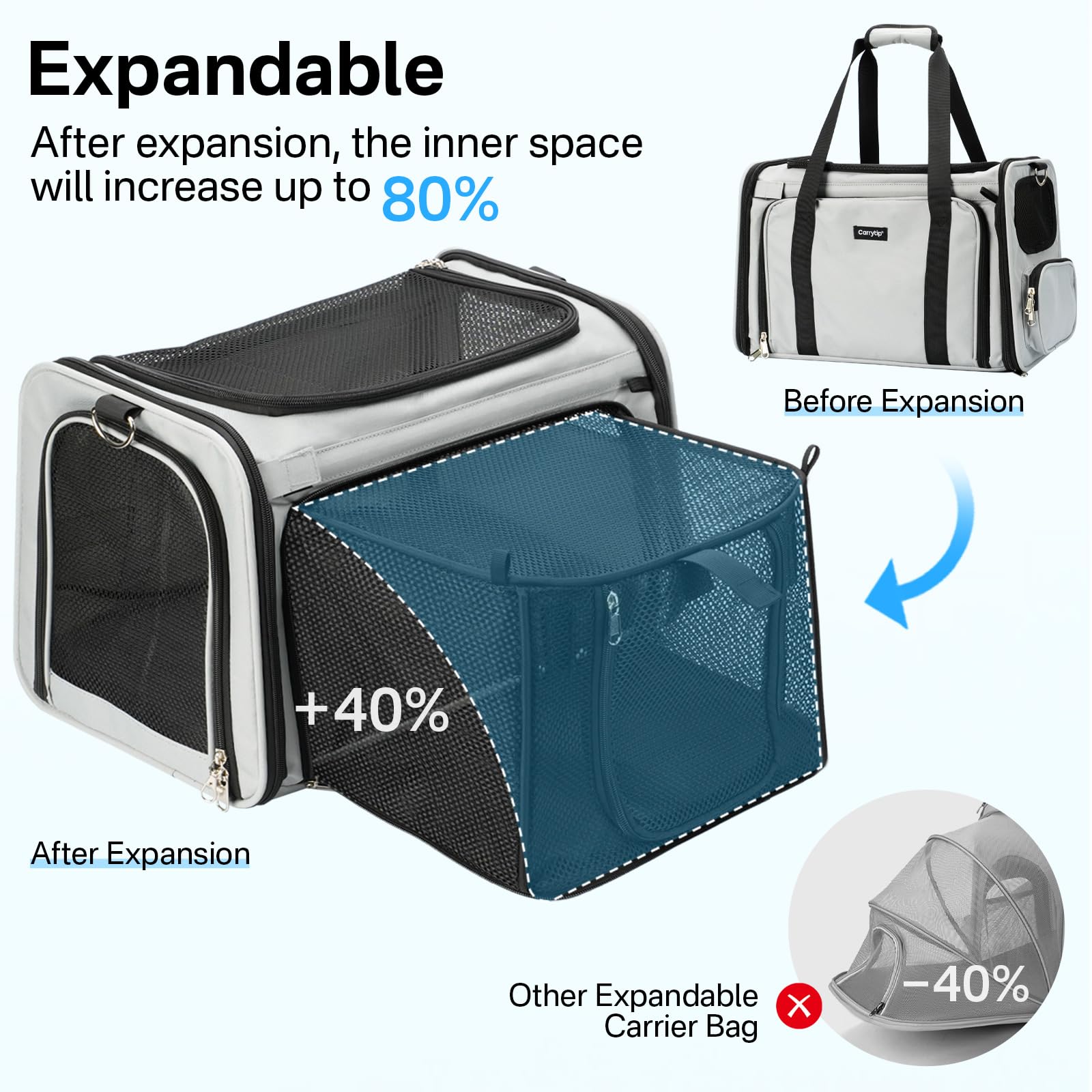 CarryTip expandable cat carrier expanded space provides extra room for a comfortable stretch.