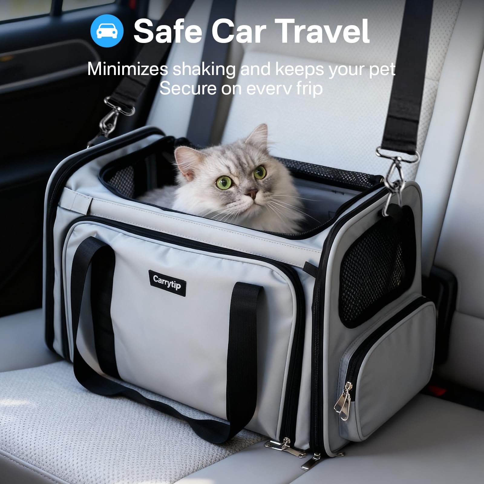 CarryTip expandable cat carrier foldable lightweight design folds compactly for easy packing.