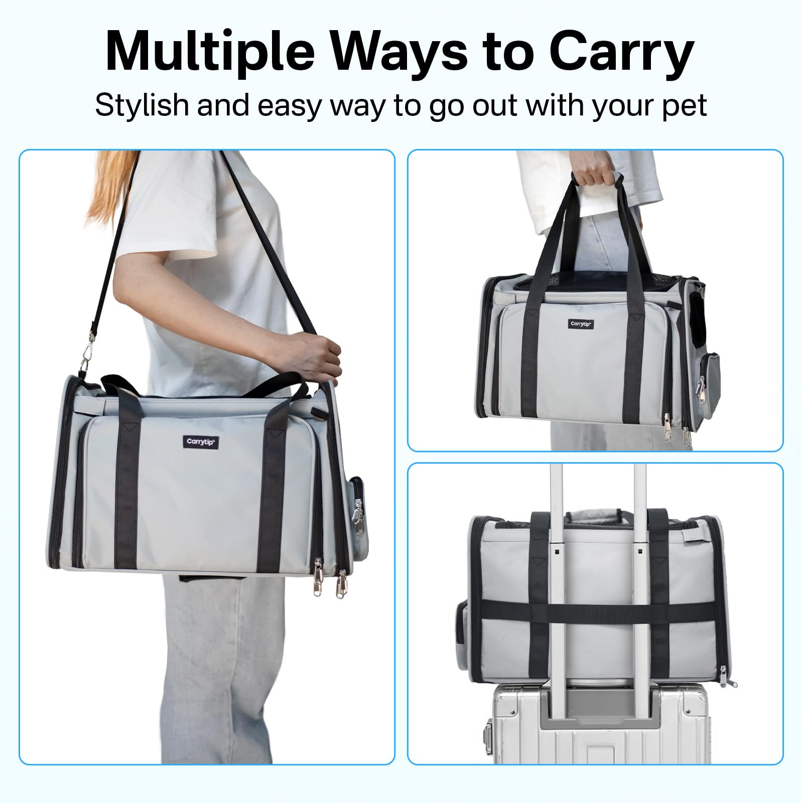 CarryTip expandable cat carrier suitcase handle attachment simplifies airport transitions.