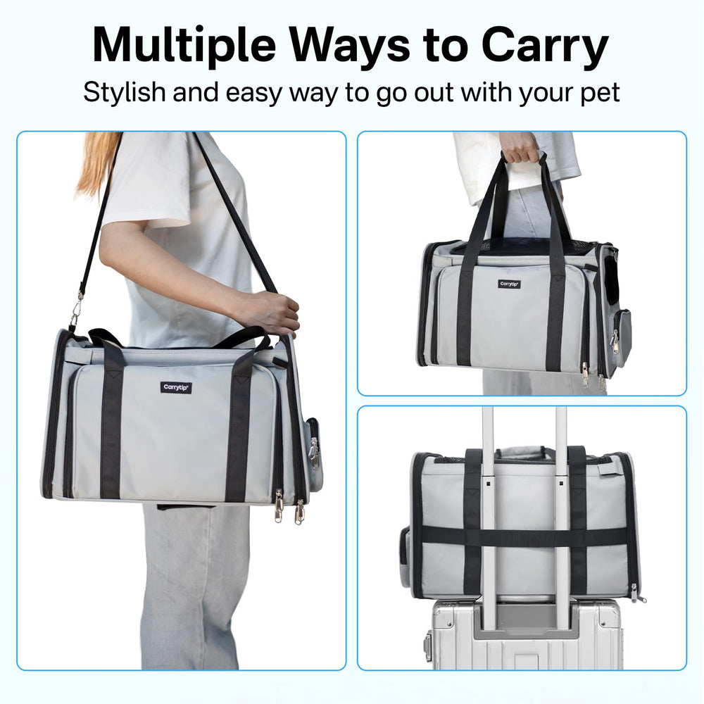 CarryTip expandable cat carrier suitcase handle attachment simplifies airport transitions.