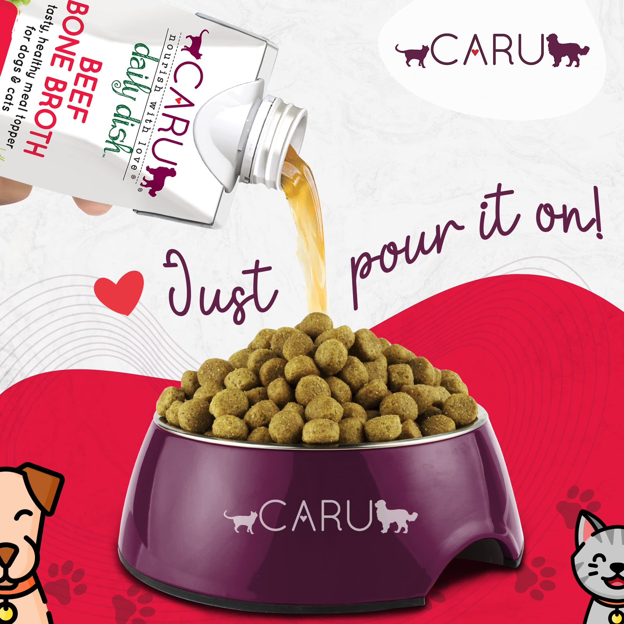 Caru Daily Dish beef bone broth topper shown with dog bowl and moist kibble