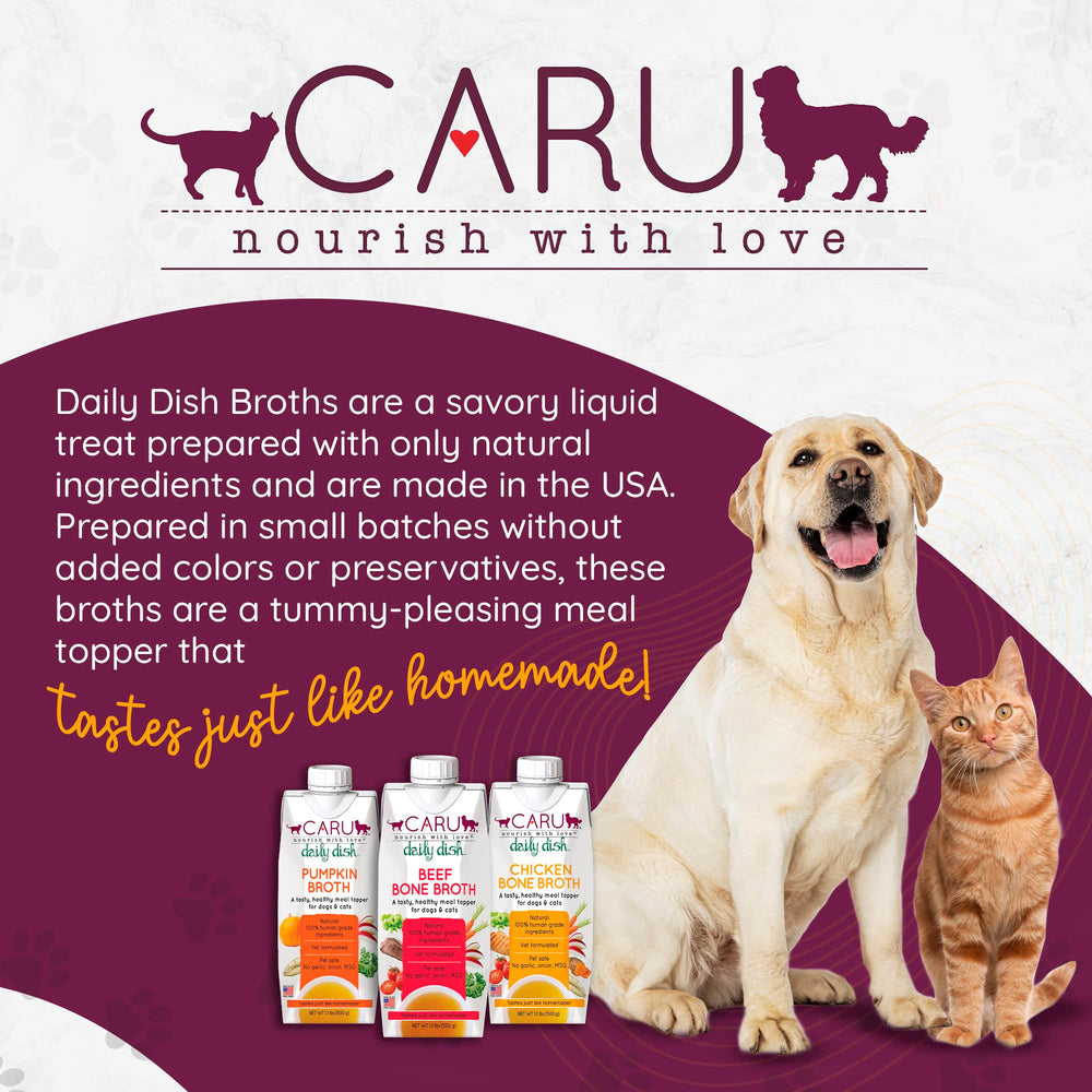 Caru Daily Dish beef bone broth topper kibble coating saves mealtime time
