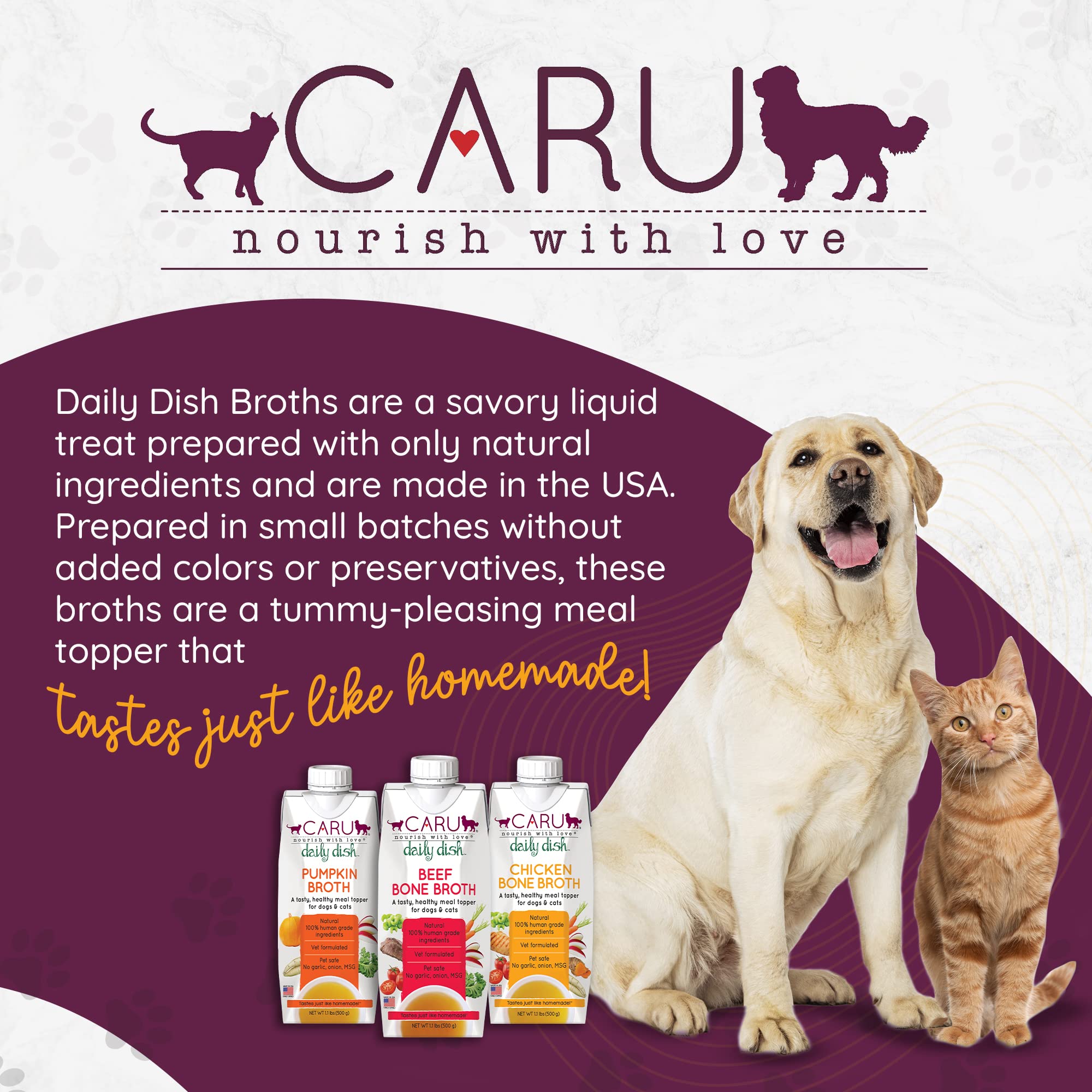 Caru Daily Dish pour-over over dog bowl demonstrates easy serving and flavor boost