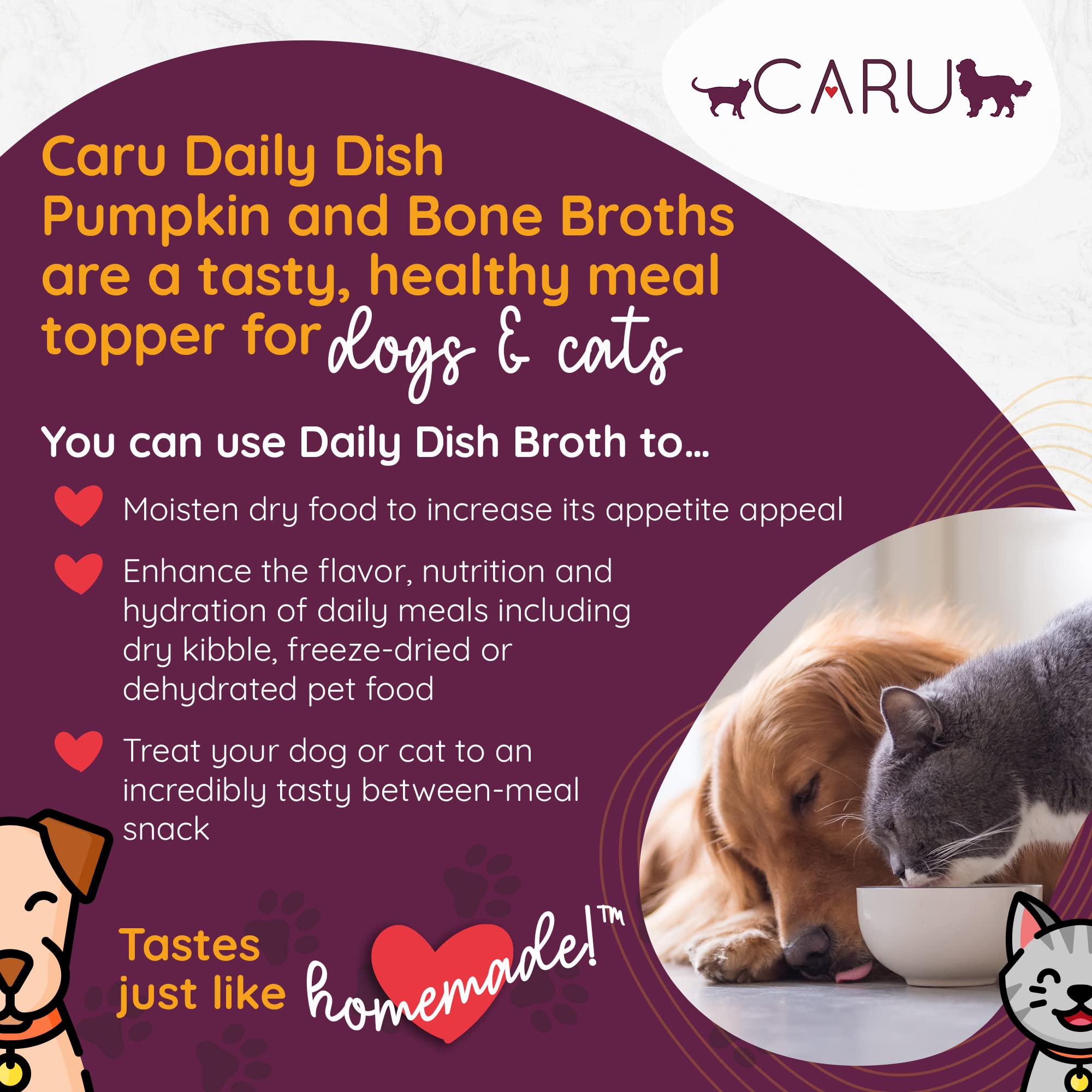 Caru Daily Dish Pumpkin Broth over kibble — moistens and enhances dry food.