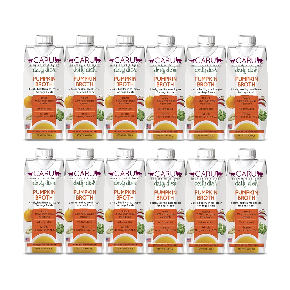 Caru Daily Dish Pumpkin Broth pour — savory flavor boost for pet meals.
