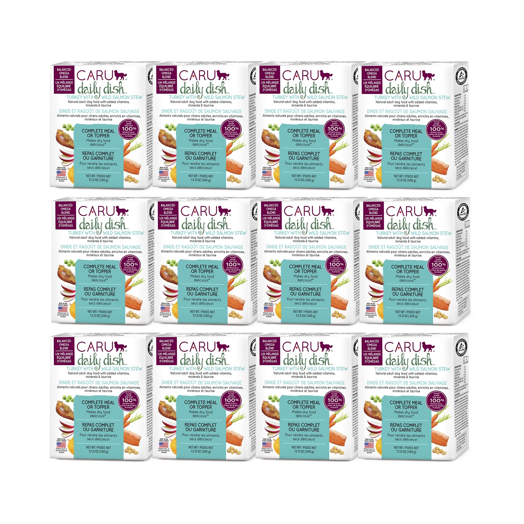 Caru Daily Dish turkey-wild-salmon-stew 12-pack cans provide convenient, ready-to-serve meals.