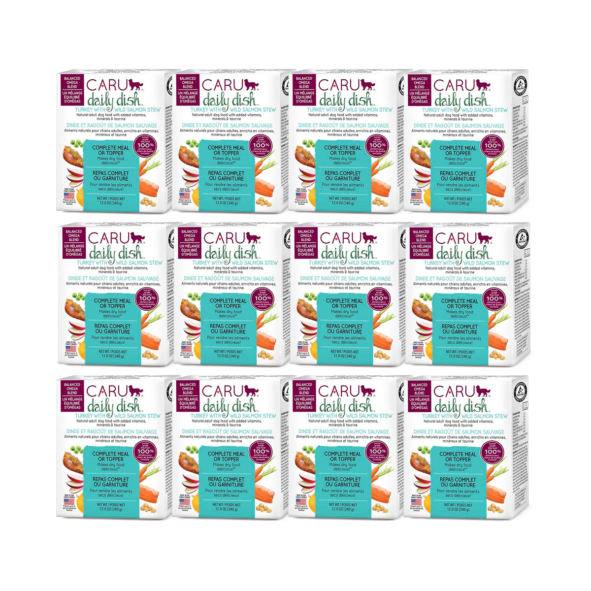 Caru Daily Dish turkey-wild-salmon-stew 12-pack cans provide convenient, ready-to-serve meals.