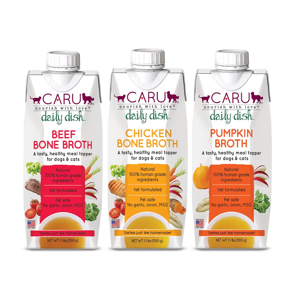 Caru Daily Dish variety-pack box showcases all-natural broth for pets, enhancing meals with flavor and hydration.