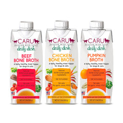Caru Daily Dish variety-pack box showcases all-natural broth for pets, enhancing meals with flavor and hydration.