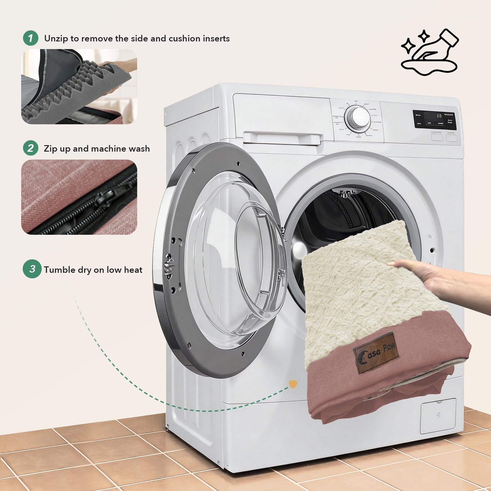 Casa Paw waterproof layer detail protects foam and eases cleaning.