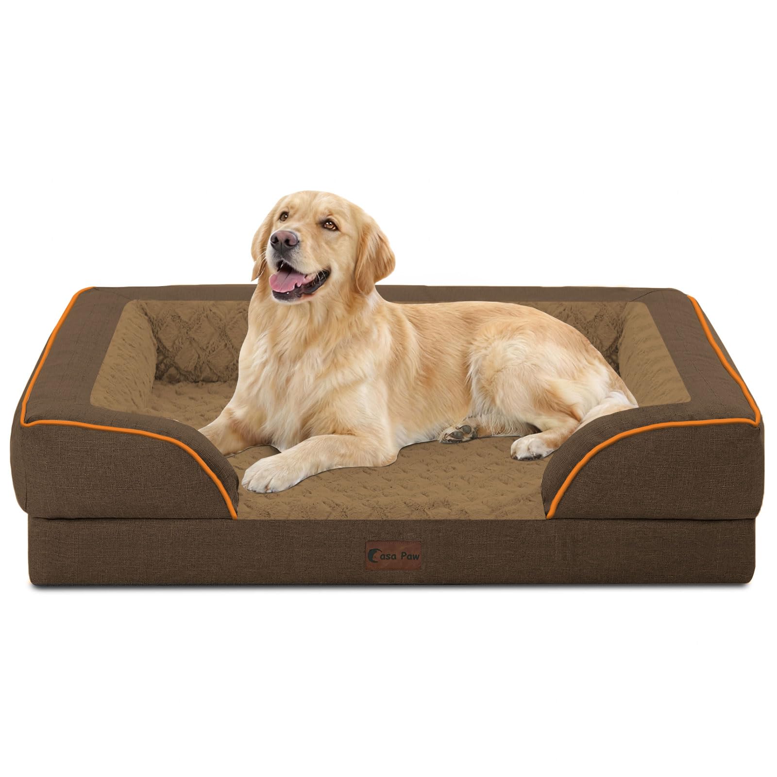 Casa Paw orthopedic bed front view showing plush surface and secure bolsters for comfort.
