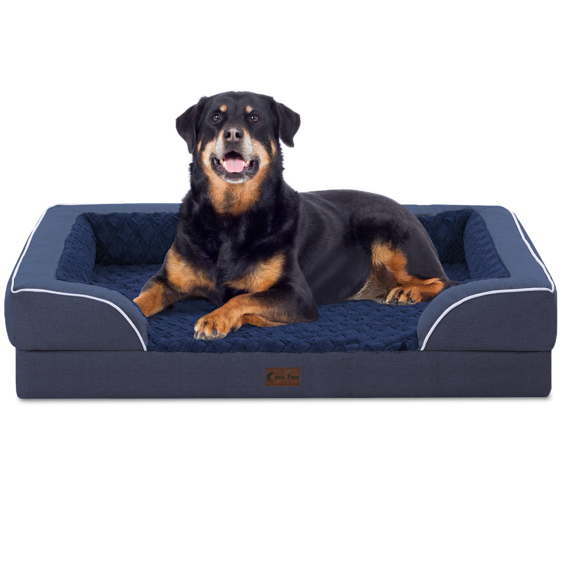 Casa Paw Orthopedic XL Bed front view shows navy cover and reinforced bolster for comfort