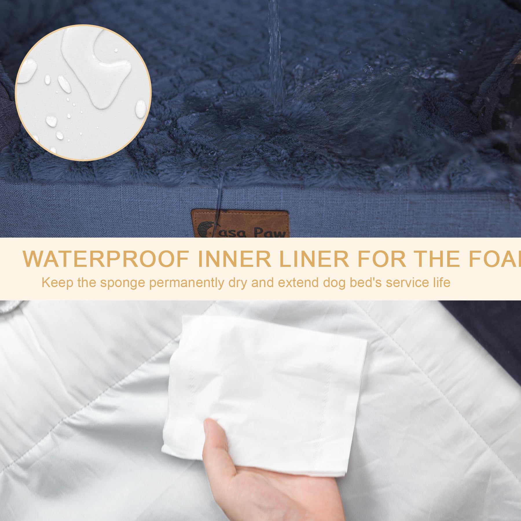 Casa Paw Orthopedic XL Bed waterproof-layer image emphasizes urine barrier and easy cleaning