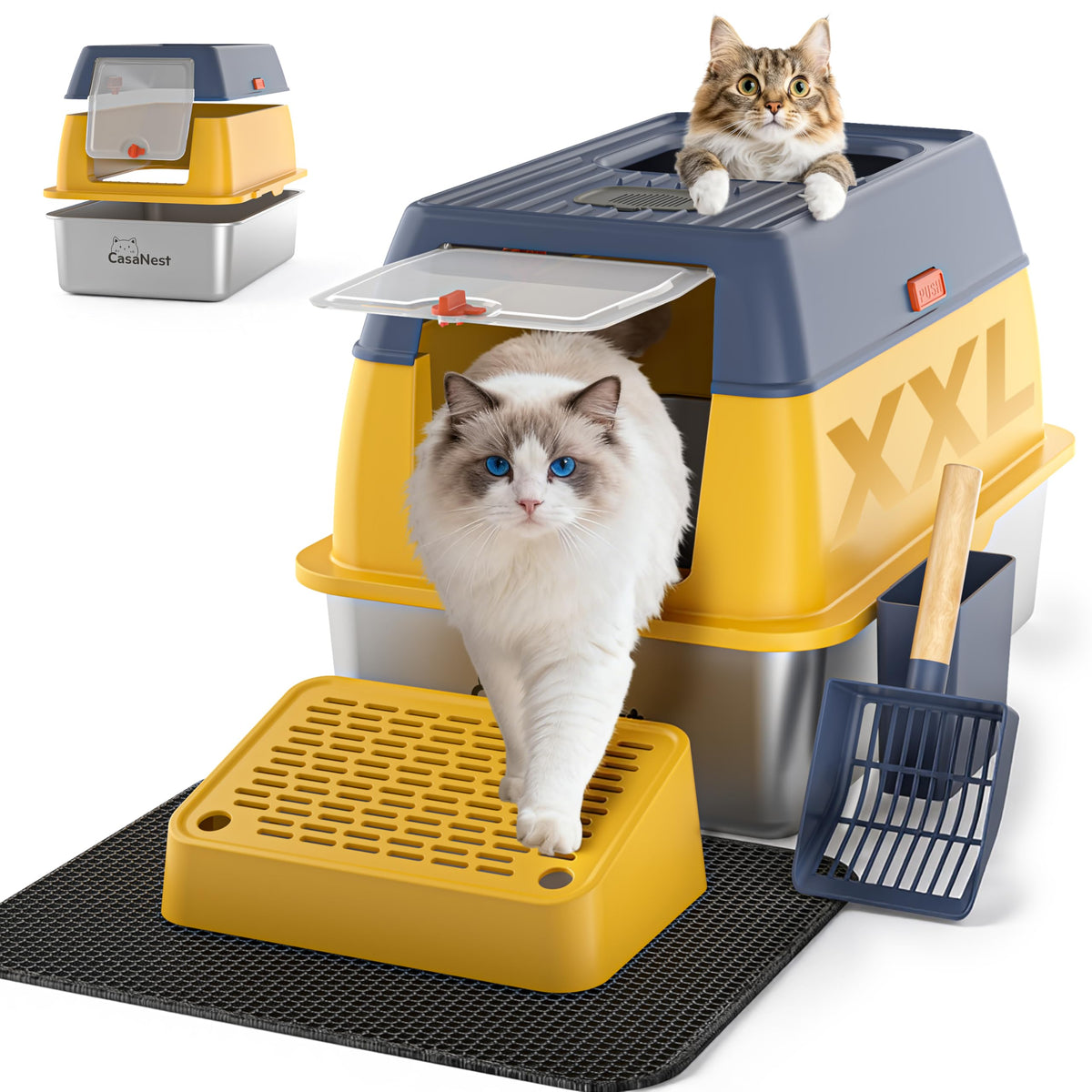 CasaNest stainless-steel litter box top-entry lid for spill-free bathroom.