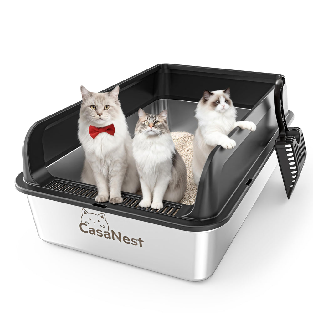 CasaNest XXXL stainless steel litter box front view shows ample space for large cats.