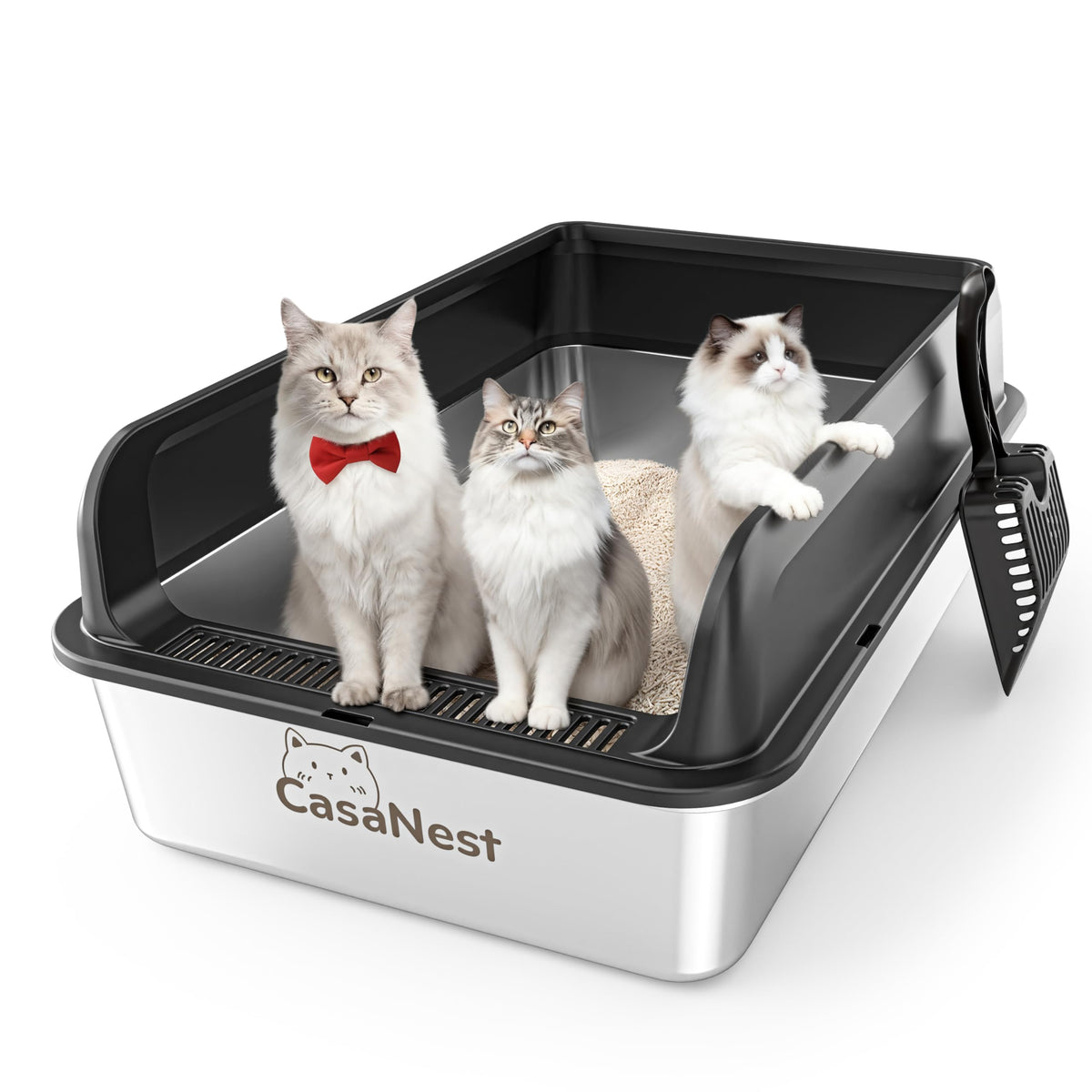 CasaNest XXXL stainless steel litter box front view shows ample space for large cats.