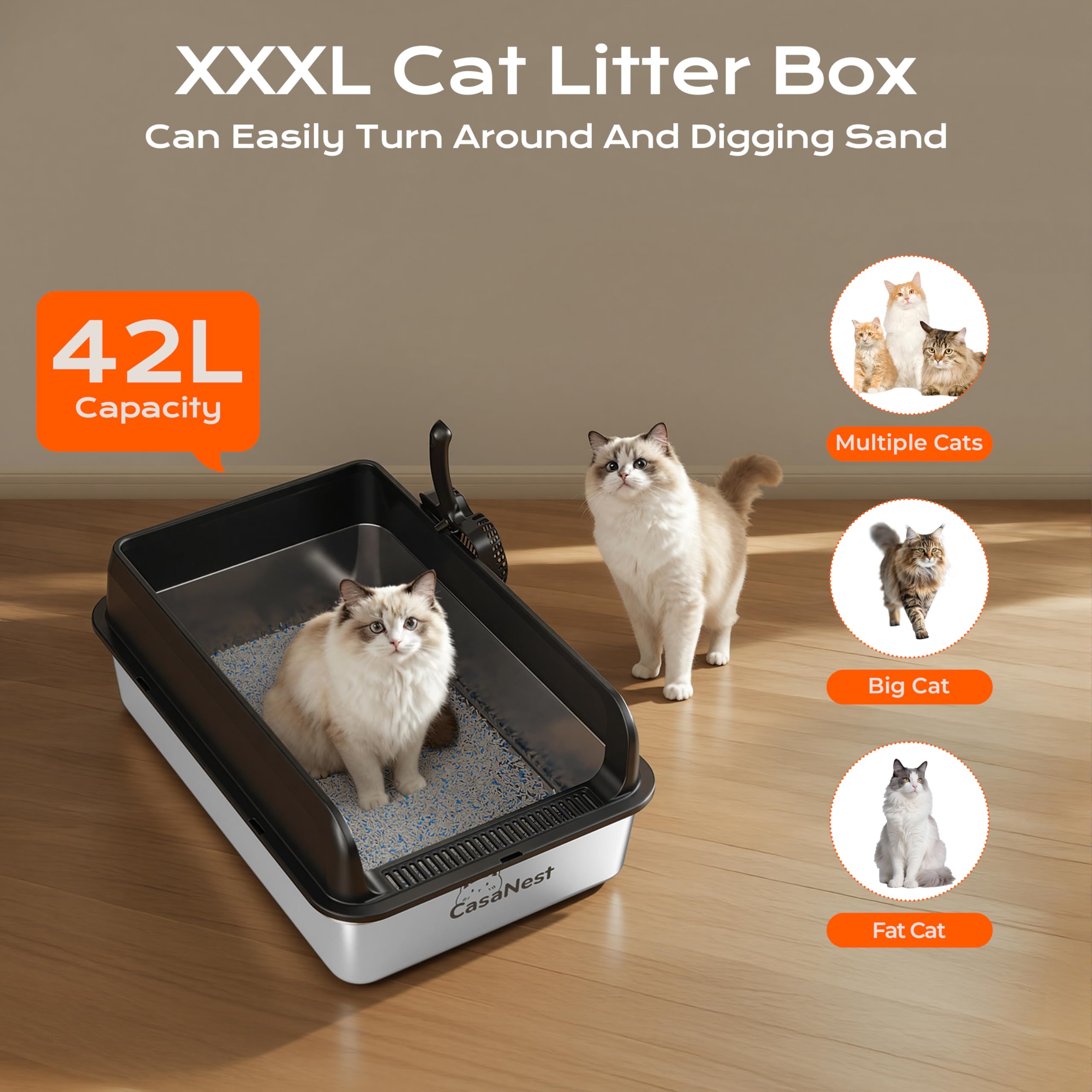 CasaNest XXXL litter box side profile highlighting high sides for leak prevention.
