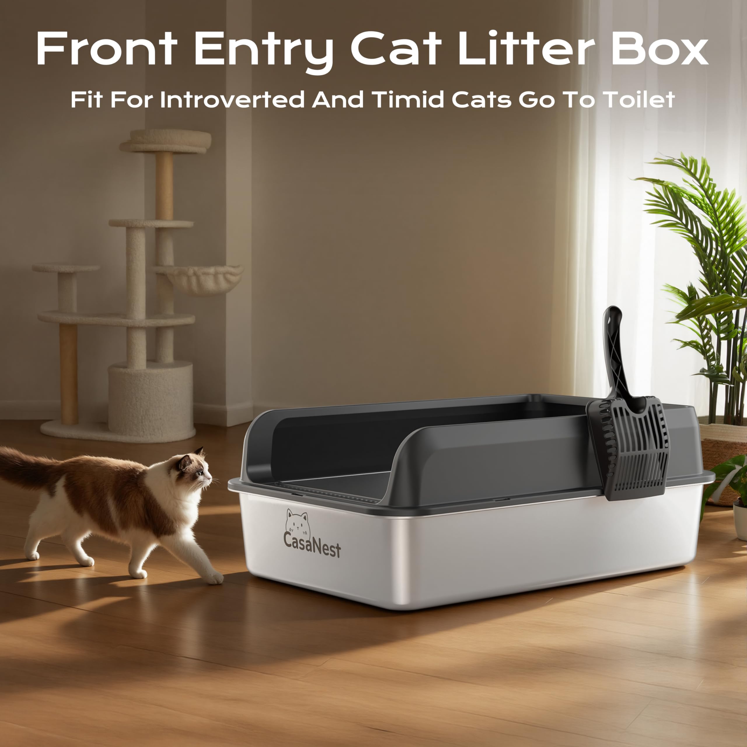 CasaNest XXXL stainless steel litter box with high sides helps privacy and containment.