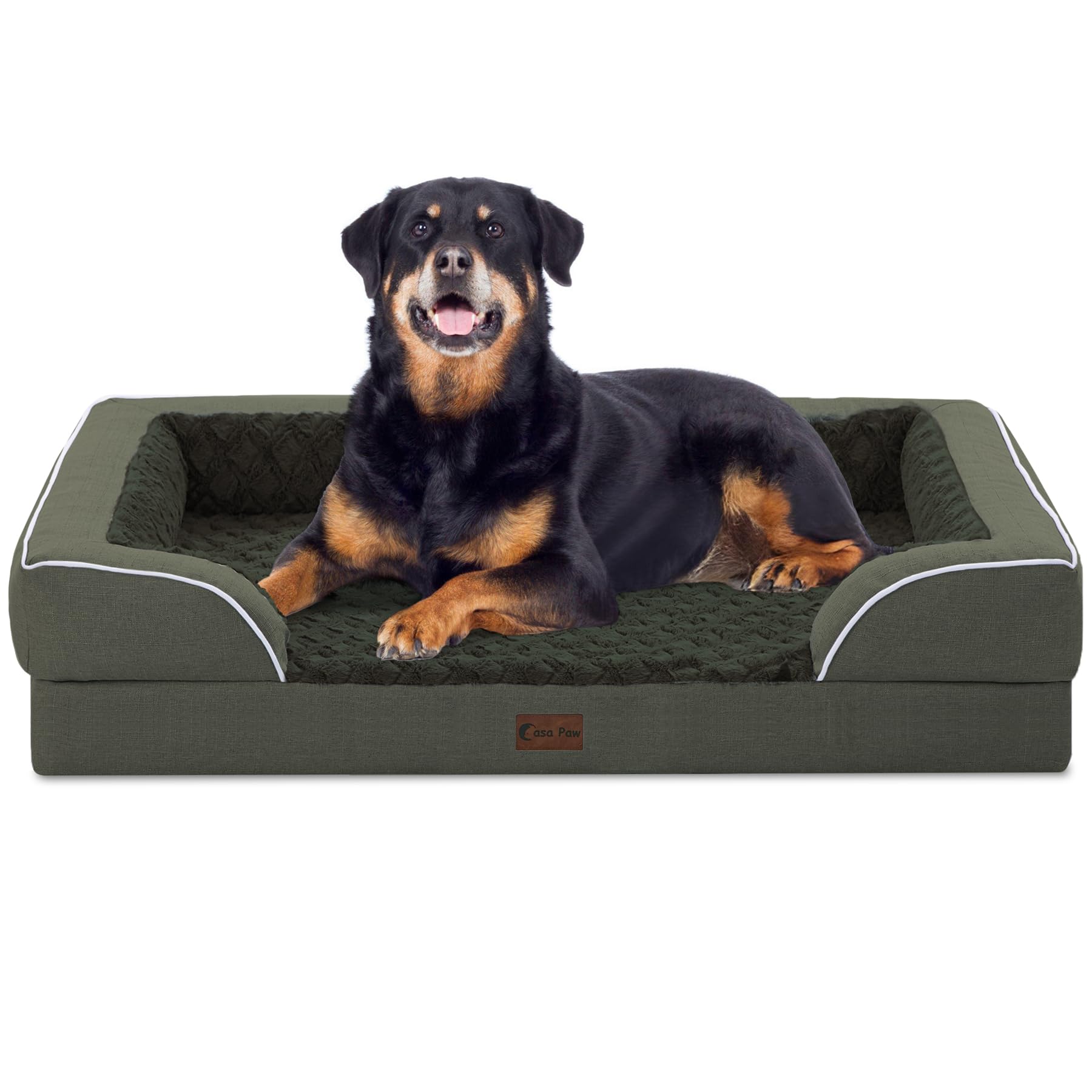 Casa Paw orthopedic XL bed front view shows size and plush bolster for large dogs' comfort.