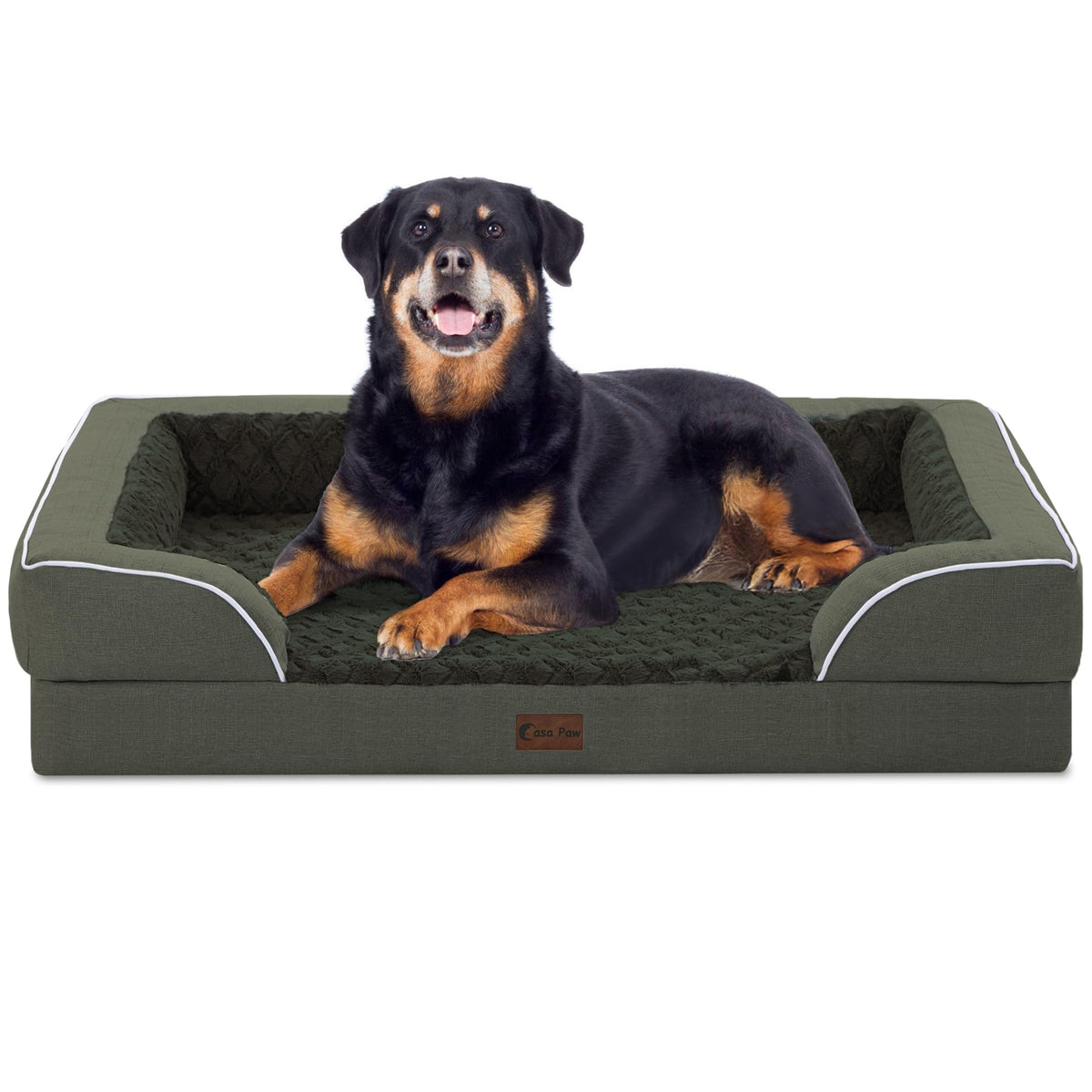 Casa Paw orthopedic XL bed front view shows size and plush bolster for large dogs' comfort.