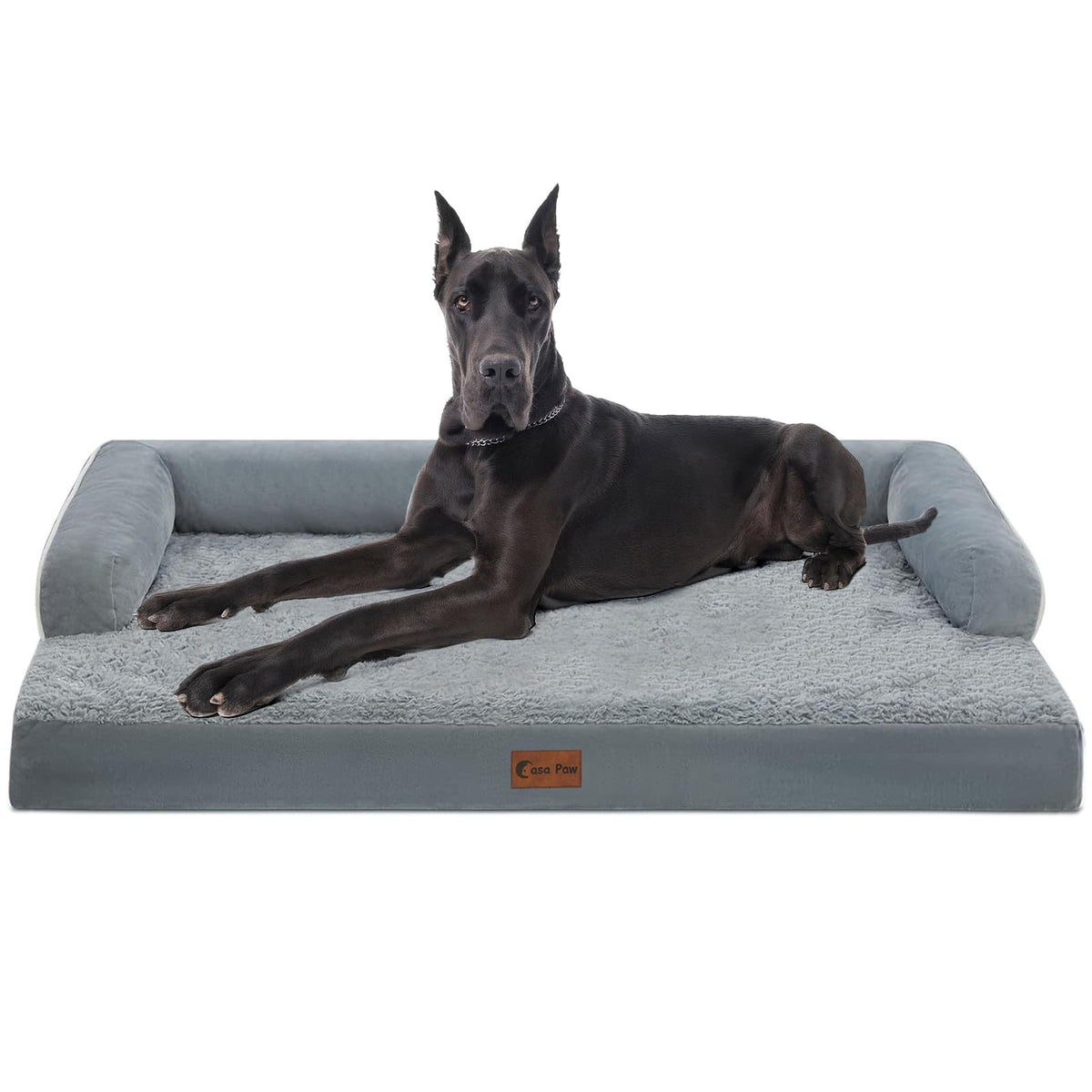 Casa Paw Orthopedic XXL bed front view shows spacious grey lounging area for large dogs