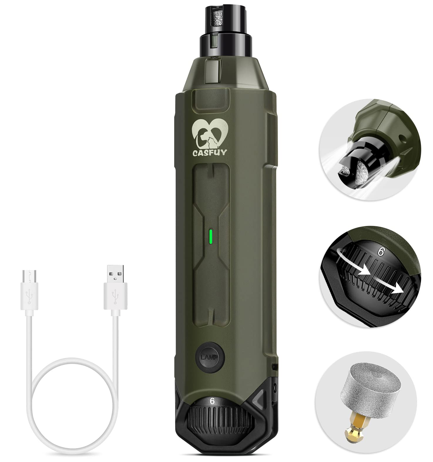 Casfuy 6-speed dog nail grinder army green shows precise trimming for all dog sizes.