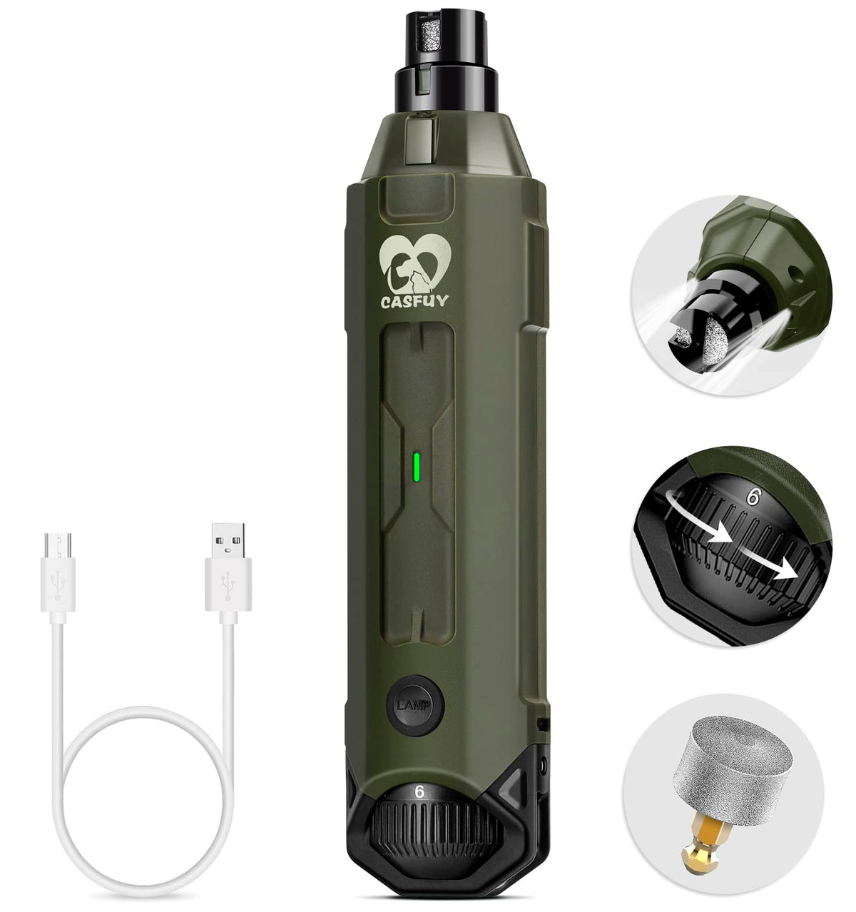 Casfuy 6-speed dog nail grinder army green shows precise trimming for all dog sizes.