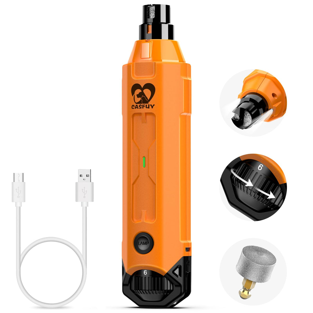 Casfuy 6-speed dog nail grinder front view in orange for precise at-home trimming.