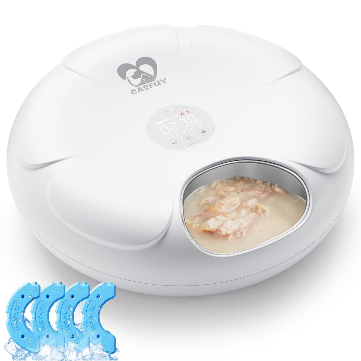 Casfuy automatic cat feeder front view showing compact design for scheduled meals.