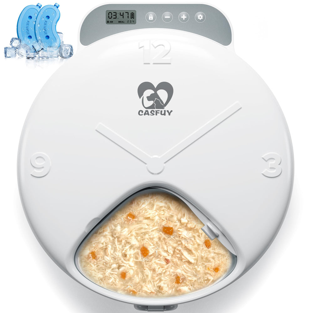 Casfuy battery-operated cat feeder front view enables simple timer-based meal scheduling.