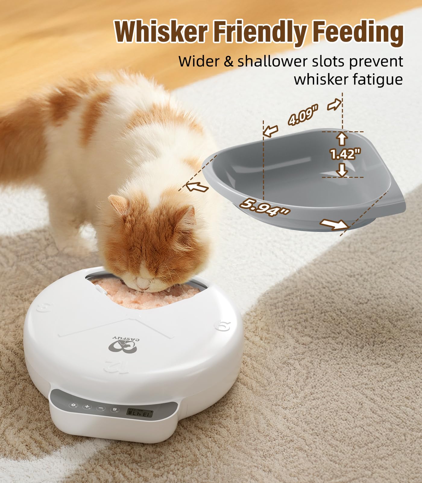 Casfuy feeder slot closeup highlights whisker-friendly, wide feeding slots.