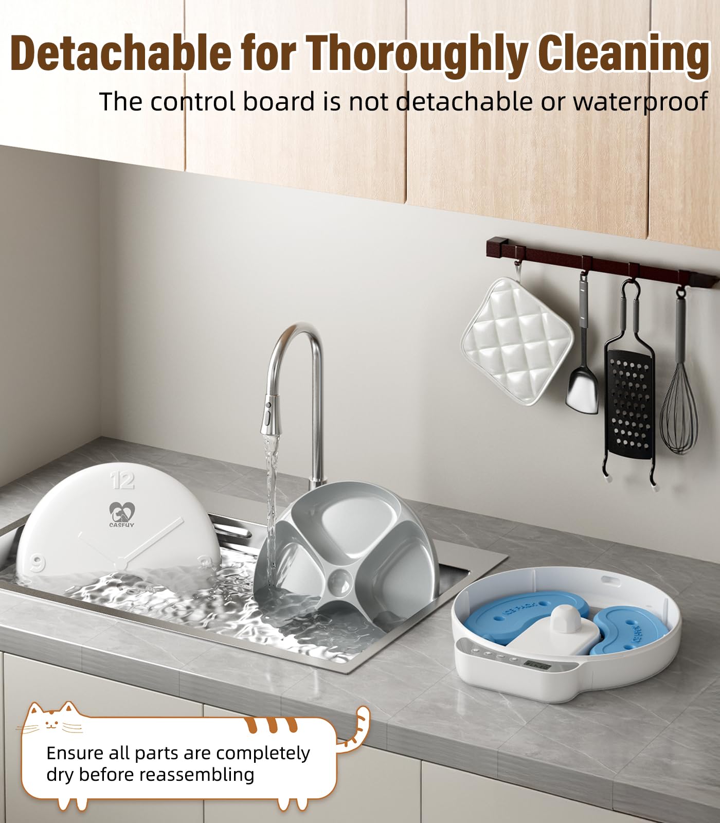 Casfuy anti-pinch sensor protects paws during tray rotation.