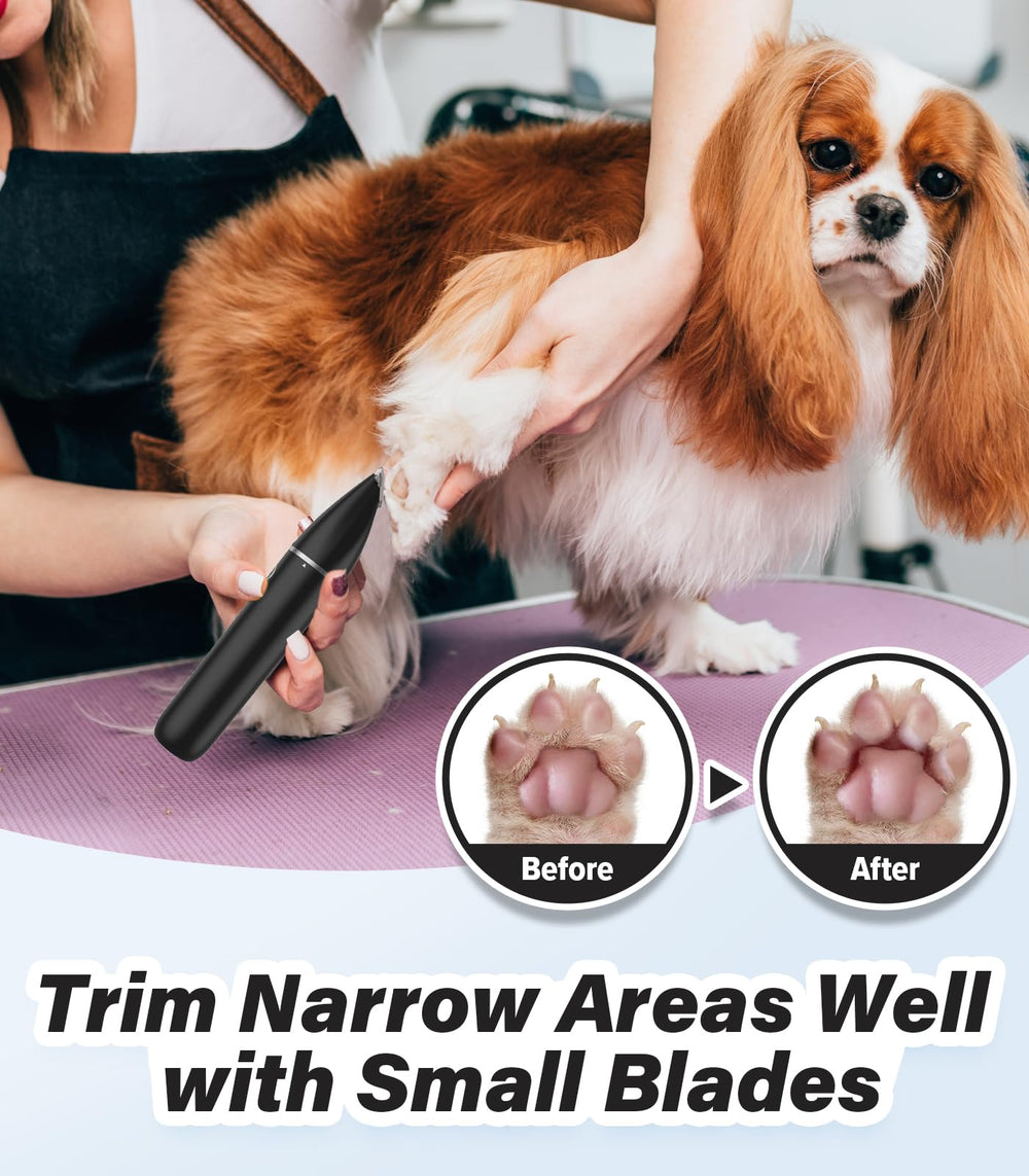 Casfuy cordless dog paw trimmer compact head supports detailed trimming around eyes and ears.
