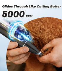 Casfuy cordless dog paw trimmer heavy-duty motor delivers smooth trims up to 5000 RPM.