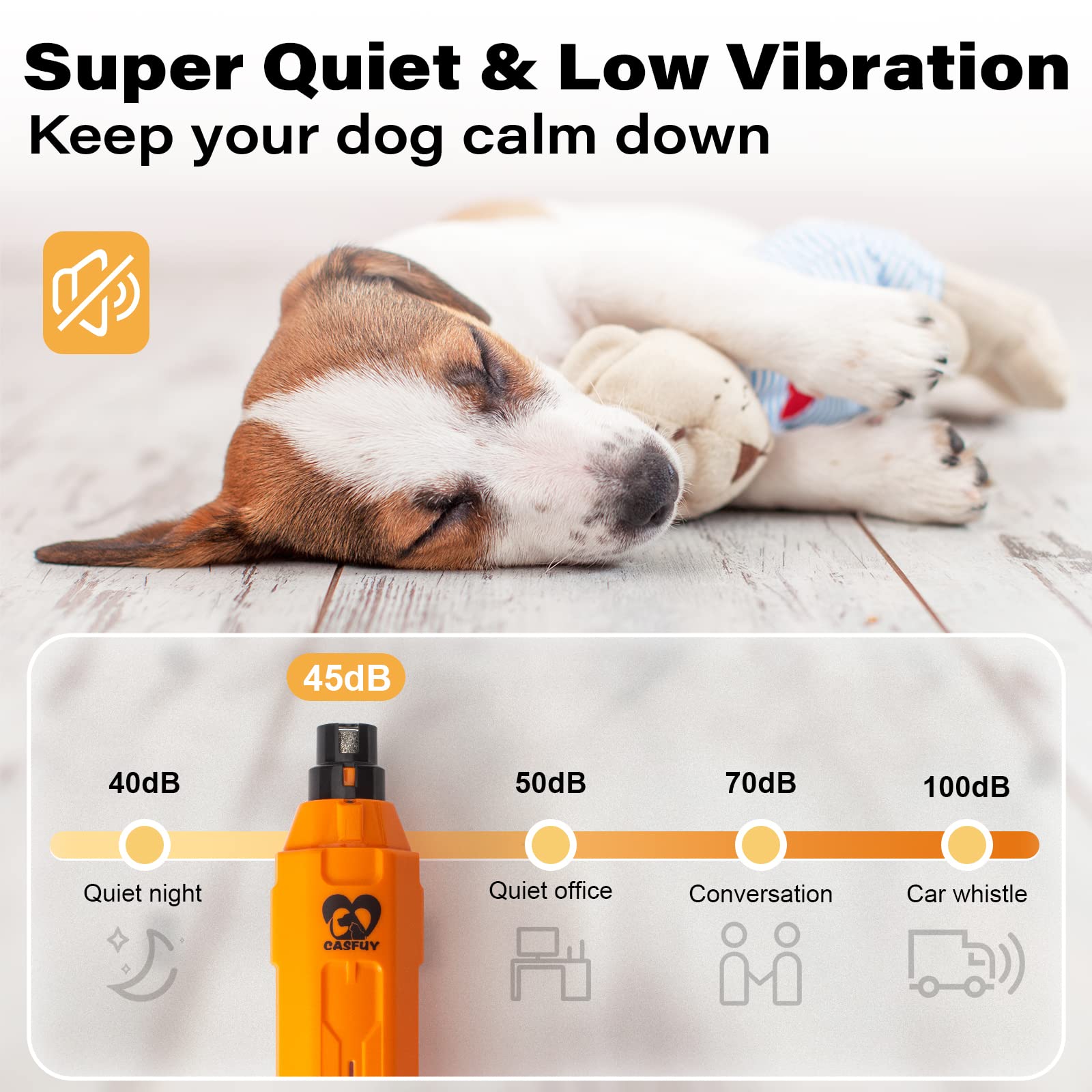 Casfuy cordless rechargeable dog nail grinder with USB charging for use anywhere.