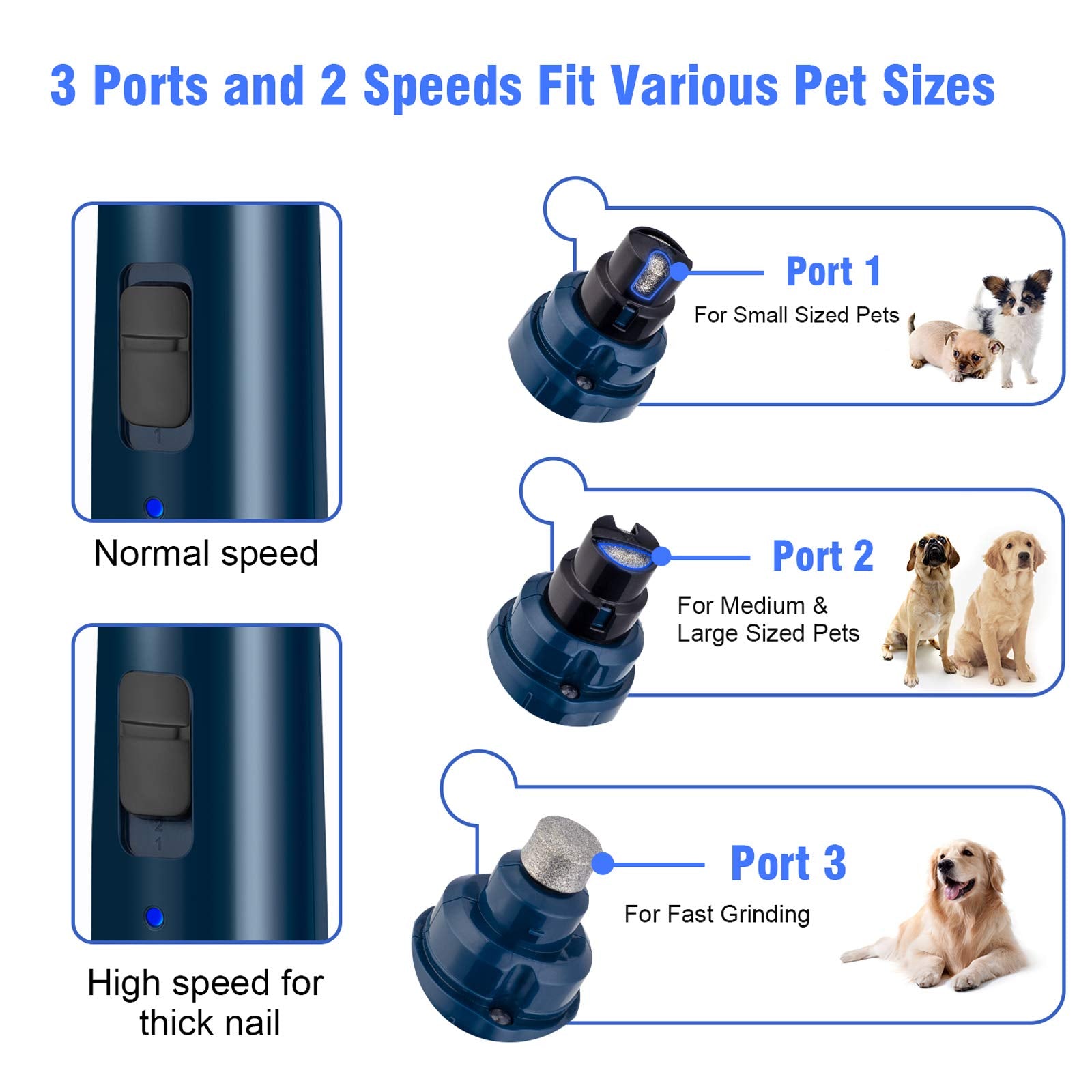 Casfuy dog nail grinder offers 2-speed adjustment for different nail types.