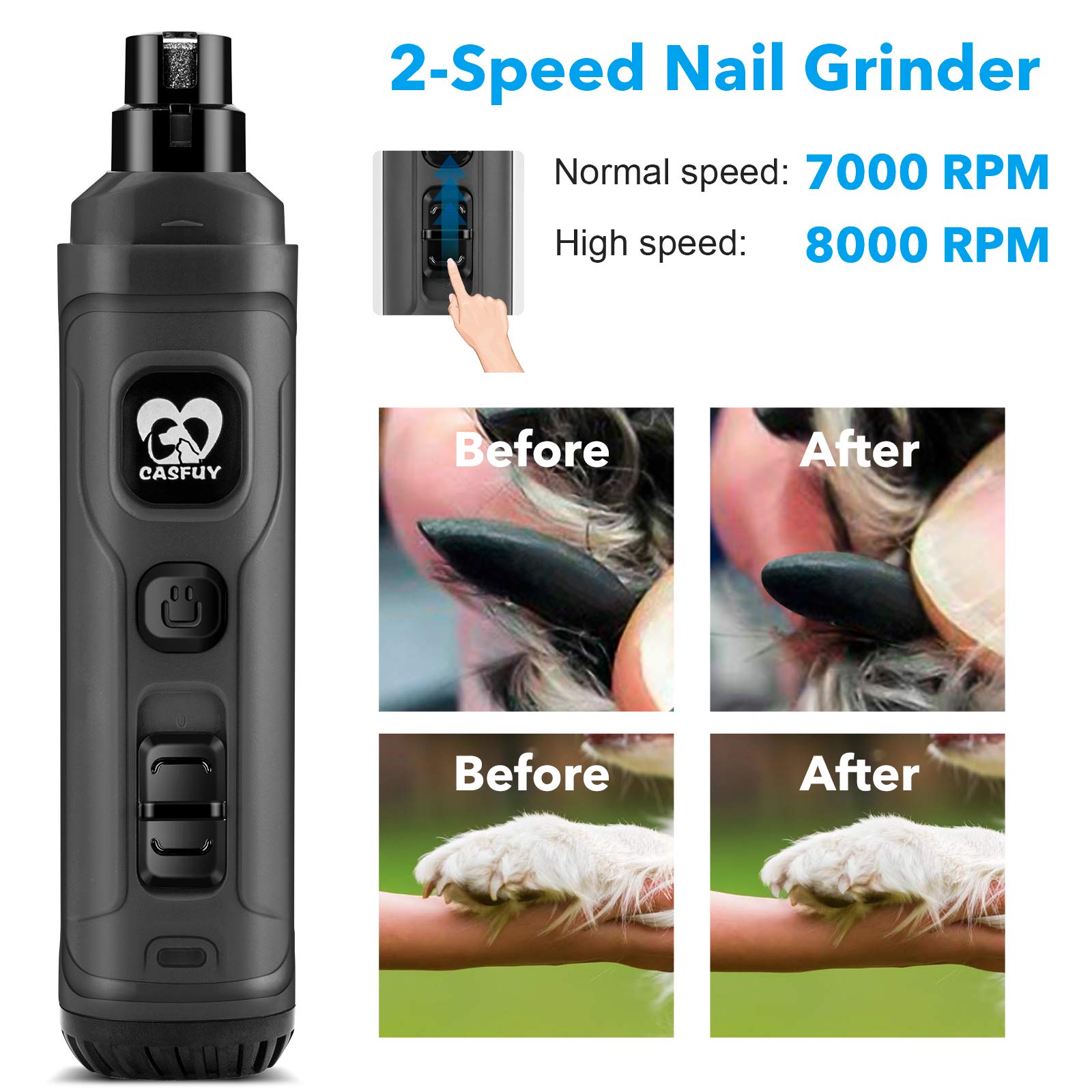 Casfuy dog nail grinder with 3 grinding ports for small, medium, or large pets.