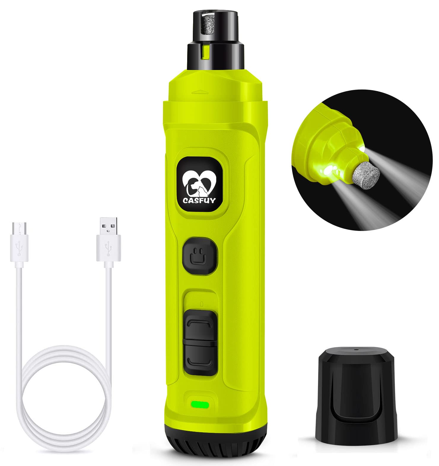 Casfuy dog nail grinder with dual LED lights for precise, safer trimming.