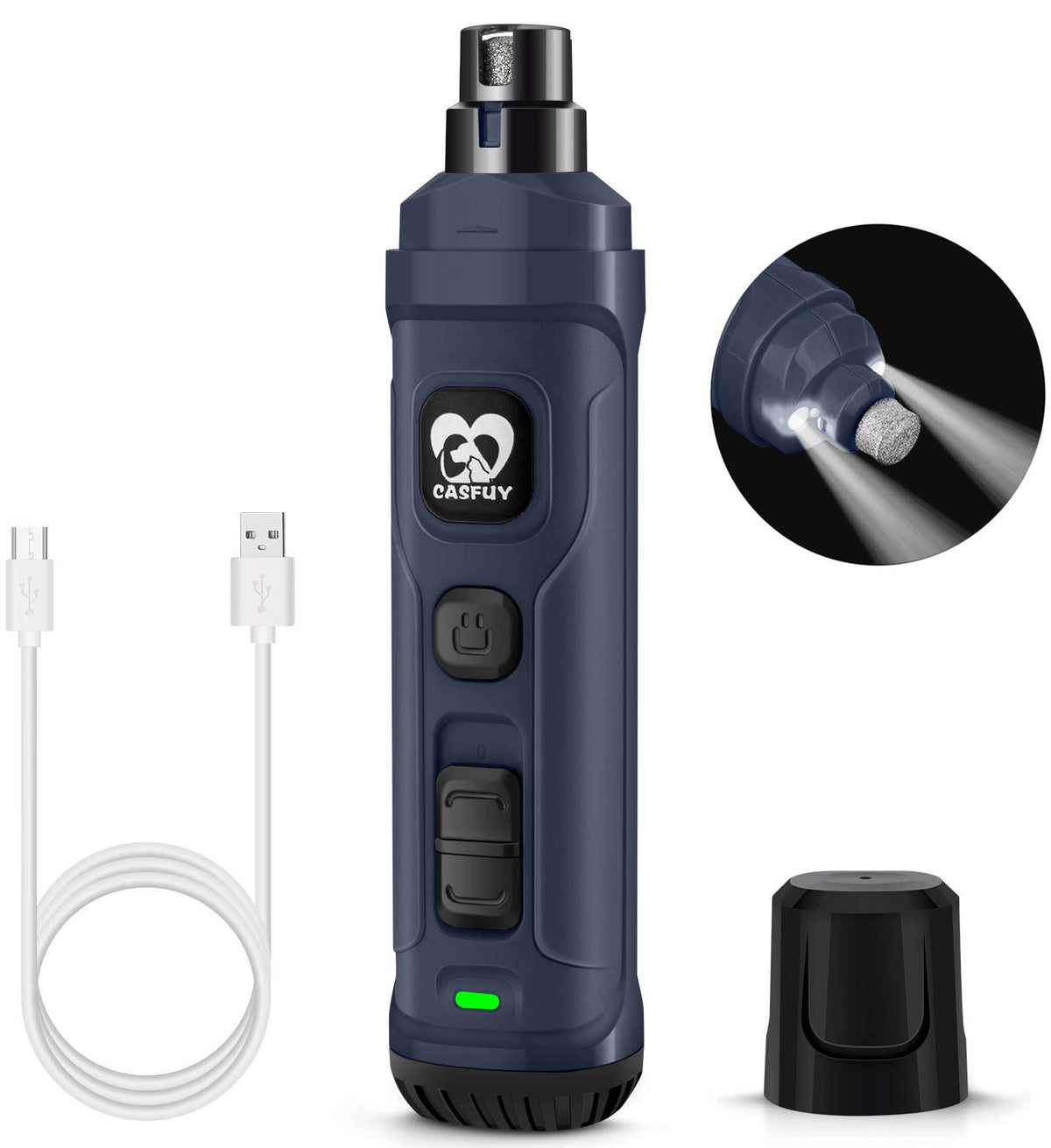Casfuy dog nail grinder with dual LED lights for precise, painless nail care at home.